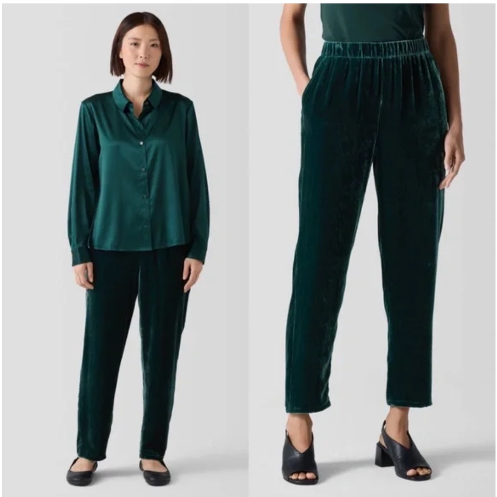 NWT Eileen Fisher Velvet High Pleated Waist Pull-On Tapered Ankle Pants Sz M